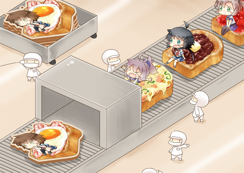 4girls ^_^ animal_ears antenna_hair aoba_(kantai_collection) aqua_eyes arms_up bacon black_hair black_legwear blush brown_hair chibi closed_eyes commentary_request conveyor_belt egg empty_eyes excited factory fang food food_request fried_egg furutaka_(kantai_collection) green_eyes grey_hair hair_ornament hairclip headgear hinata_yuu hood kako_(kantai_collection) kantai_collection kinugasa_(kantai_collection) long_hair low_ponytail mask multiple_girls open_mouth oversized_object pleated_skirt purple_hair school_uniform serafuku short_hair short_sleeves single_thighhigh sitting sitting_on_food skirt slice_of_bread string_phone sunny_side_up_egg thigh-highs toast uniform what