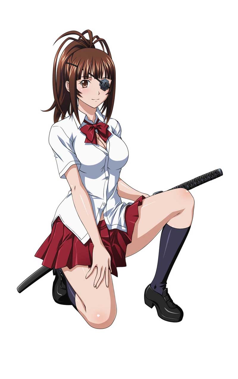 1girl bachou_mouki black_legwear breasts brown_hair cleavage eyepatch hair_ornament highres holding_sword holding_weapon ikkitousen katana looking_at_viewer pleated_skirt red_skirt simple_background skirt socks solo sword weapon white_background yellow_eyes