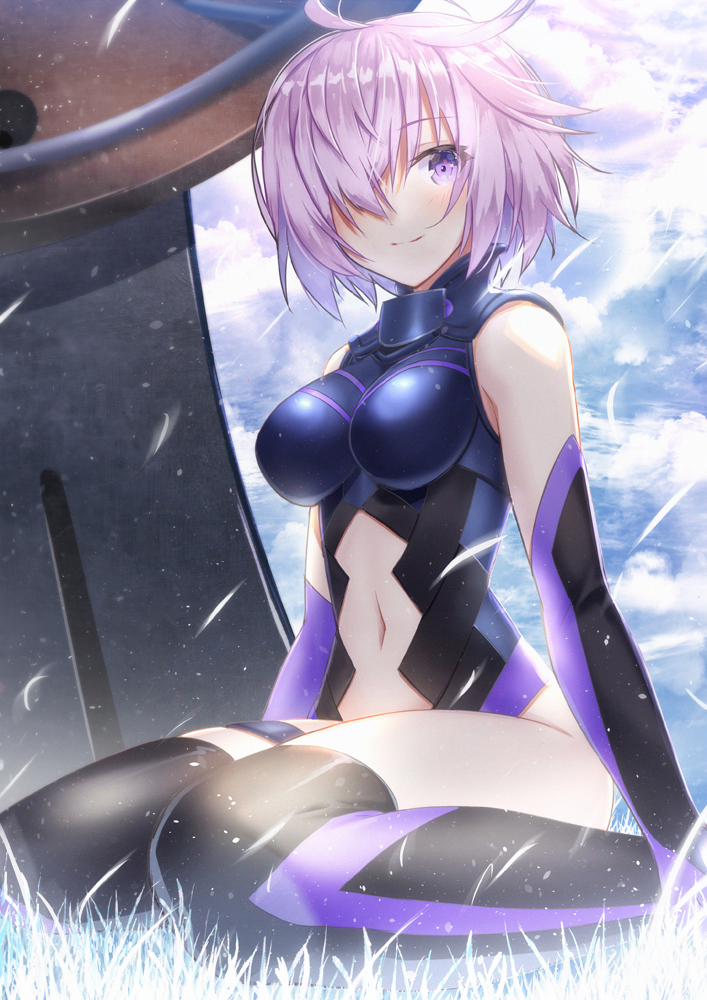 1girl ahoge armor bare_shoulders breasts clouds cloudy_sky elbow_gloves fate/grand_order fate_(series) gloves hair_over_one_eye large_breasts light_smile looking_at_viewer navel outdoors purple_hair senoo_aoi shield shielder_(fate/grand_order) short_hair sitting sky solo thigh-highs violet_eyes wariza