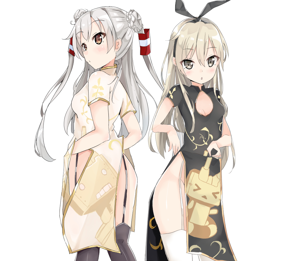 &gt;_&lt; 2girls :&lt; alternate_costume amatsukaze_(kantai_collection) black_legwear blonde_hair blush brown_eyes character_print china_dress chinese_clothes cleavage_cutout closed_eyes commentary_request double_bun garter_straps grey_eyes groin hair_ornament hairband kanisaka_shizuku kantai_collection long_hair looking_at_viewer looking_back multiple_girls no_panties open_mouth rensouhou-chan rensouhou-kun shimakaze_(kantai_collection) silver_hair simple_background thigh-highs two_side_up white_background white_legwear windsock
