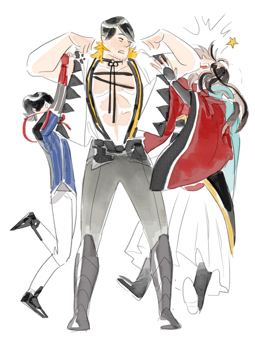 3boys black_hair flexing hanging_on_arm horikawa_kunihiro hwei izumi-no-kami_kanesada japanese_clothes male_focus multicolored_hair multiple_boys nagasone_kotetsu open_mouth pose touken_ranbu two-tone_hair