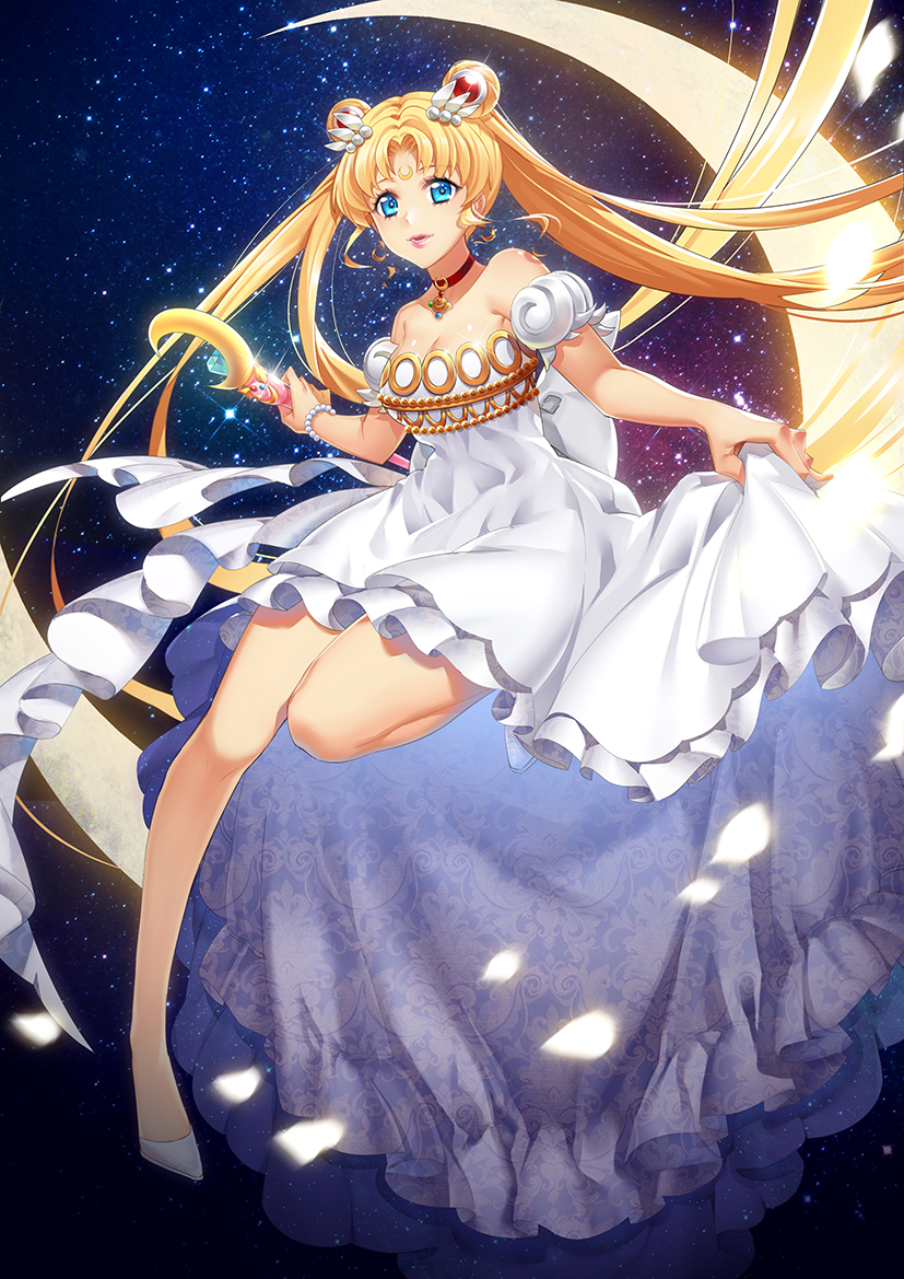 1girl bare_shoulders bishoujo_senshi_sailor_moon blonde_hair blue_eyes bow bracelet choker crescent crescent_moon double_bun dress facial_mark forehead_mark frills full_body hair_ornament hairpin jewelry long_hair moon moon_stick nemovo princess_serenity shoes smile solo tsukino_usagi twintails wand white_bow white_dress white_shoes