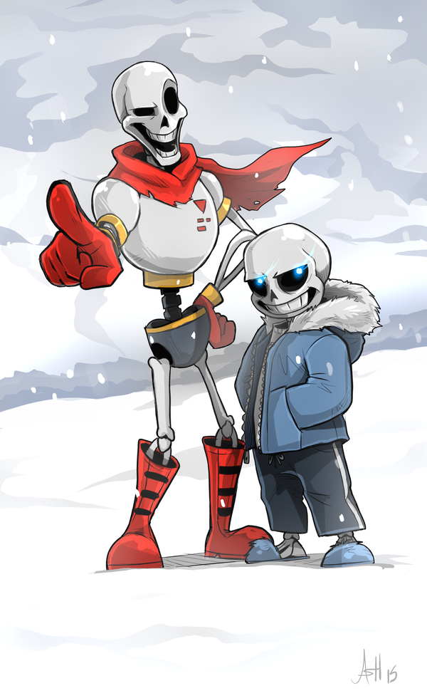 2boys armor boots brothers gloves glowing glowing_eyes grin hands_in_pockets hoodie multiple_boys papyrus_(undertale) pointing pointing_at_viewer sans scarf shorts siblings signature skeleton slippers smile snow tagme undertale vengefulspirits