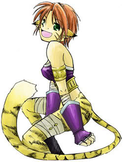 1girl animal_ears artist_request blush breasts breath_of_fire breath_of_fire_ii bustier cat_ears cat_tail claws facial_mark full_body furry gloves green_eyes lowres no_panties no_pants open_mouth orange_hair rinpoo_chuan solo source_request tail