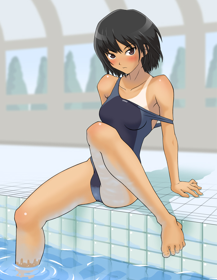 1girl amagami argon bad_id bare_shoulders barefoot black_hair blush brown_eyes brown_hair competition_swimsuit feet feet_in_water nanasaki_ai one-piece_swimsuit pool poolside reflection short_hair sitting soaking_feet solo spread_legs strap_slip swimsuit tan tanline water