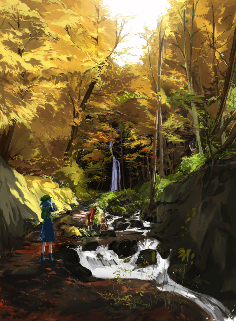 aki_shizuha forest inukubou kawashiro_nitori landscape nature scenery shameimaru_aya touhou water waterfall