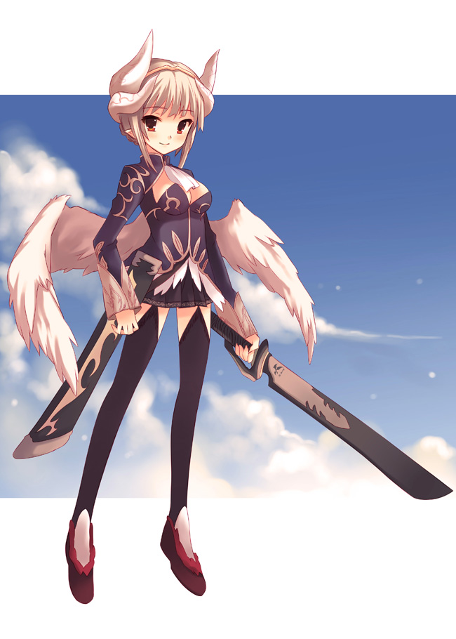 fantasy hairband horns original pcmaniac88 pointy_ears red_eyes skirt smile sword thigh-highs thighhighs weapon white_hair wings