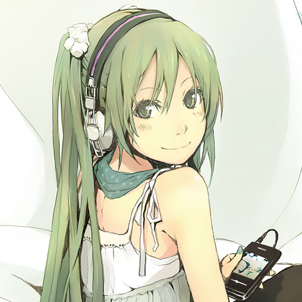 casual digital_media_player green_hair hatsune_miku headphones looking_back mp3_player smile solo vocaloid yoshito