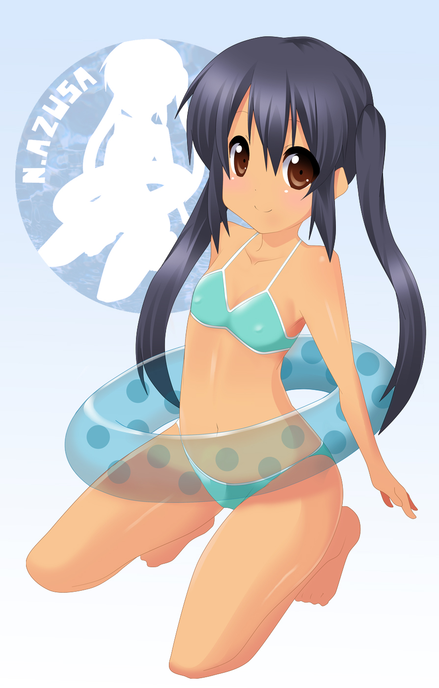 bikini black_hair brown_eyes ekakibito erect_nipples flat_chest floating_tire innertube k-on! kneeling long_hair nakano_azusa swimsuit tan twintails