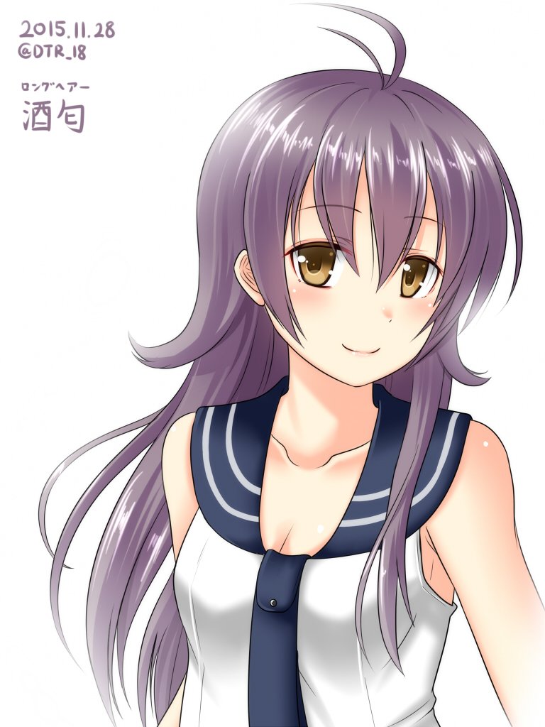 1girl ahoge alternate_eye_color alternate_hair_length alternate_hairstyle bare_shoulders breasts brown_eyes collarbone commentary_request dated dotera-otoko kantai_collection long_hair purple_hair sakawa_(kantai_collection) school_uniform serafuku simple_background smile solo twitter_username upper_body white_background