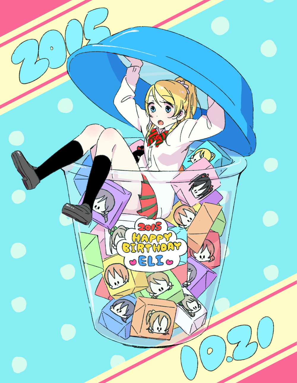 1girl :o ayase_eli black_legwear black_shoes blonde_hair blue_eyes character_name character_print cup dated happy_birthday highres hoshizora_rin in_container koizumi_hanayo kousaka_honoka love_live!_school_idol_project minami_kotori murata_(igaratara) nishikino_maki polka_dot polka_dot_background ponytail school_uniform scrunchie shoes sitting skirt socks solo sonoda_umi toujou_nozomi yazawa_nico