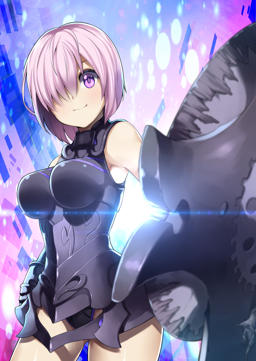 1girl ahoge armor bare_shoulders blush breasts elbow_gloves fate/grand_order fate/stay_night fate_(series) gloves hair_over_one_eye highres looking_at_viewer purple_hair shield shielder_(fate/grand_order) short_hair smile solo violet_eyes yuuzii
