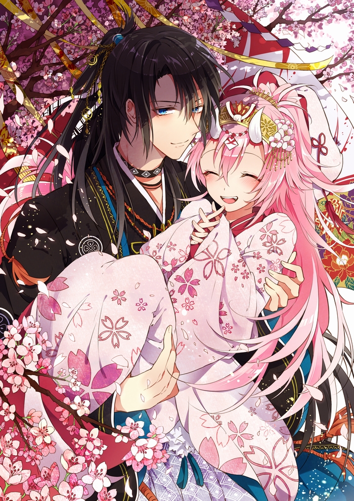 1boy 1girl black_hair blue_eyes carrying cherry_blossoms closed_eyes collar commentary_request couple fang floral_print flower flower_(symbol) hair_between_eyes hair_flower hair_ornament hetero horns interlocked_fingers japanese_clothes kimono long_hair long_sleeves looking_at_viewer original petals pink_hair ponytail princess_carry sleeves_past_wrists smile tobari_(brokenxxx) tree