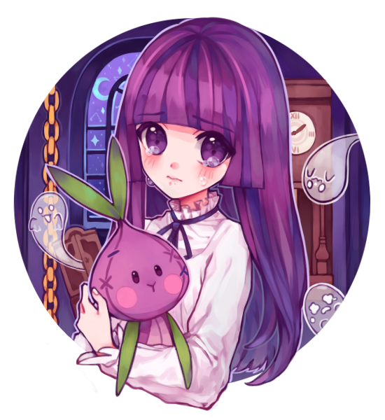 1girl blush cookie_run crying crying_with_eyes_open ghost long_hair long_sleeves looking_at_viewer onion_cookie purple_hair solo stuffed_toy tears violet_eyes