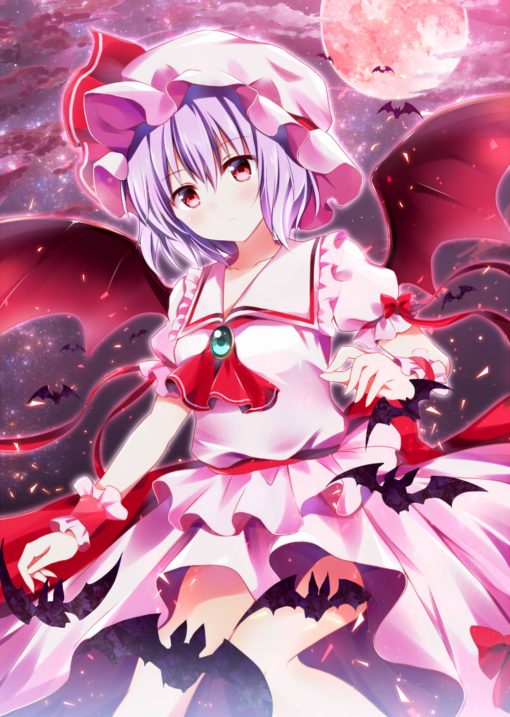 1girl bat bat_wings brooch clouds cravat expressionless full_moon hat hat_ribbon head_tilt highres hyurasan jewelry lavender_hair looking_at_viewer mob_cap moon night night_sky outdoors puffy_short_sleeves puffy_sleeves red_eyes remilia_scarlet ribbon short_hair short_sleeves skirt skirt_set sky solo touhou wings wrist_cuffs