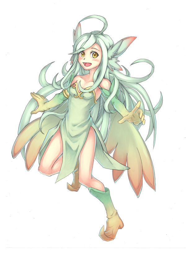 1girl :d ahoge bare_shoulders boots dress elbow_gloves full_body gloves green_dress green_hair long_hair looking_at_viewer mon-musu_quest! open_mouth side_slit simple_background smile solo sylph_(mon-musu_quest!) toranohige_(pixiv) white_background wings yellow_eyes
