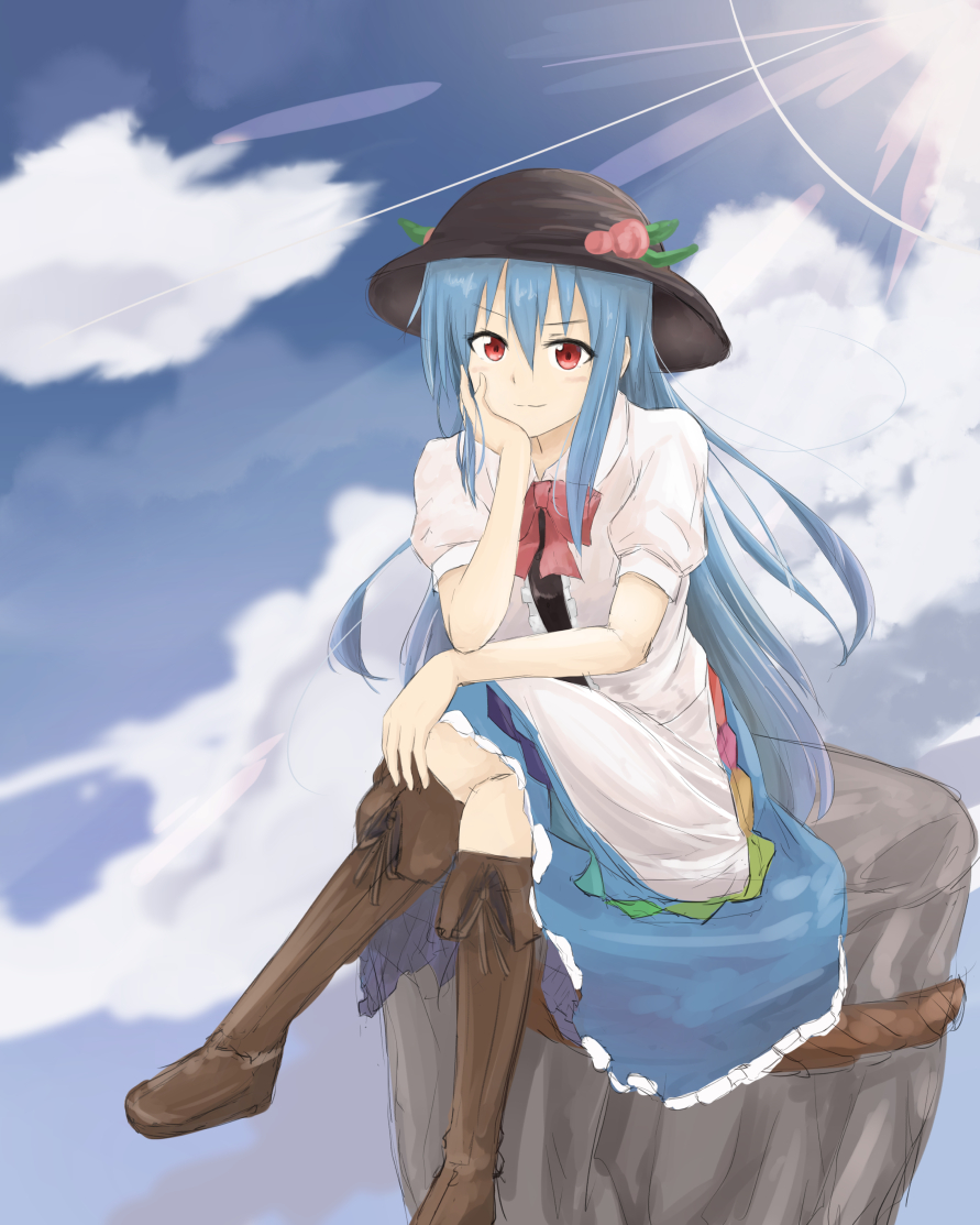 1girl :3 blue_hair blush boots clouds crossed_legs food fruit hand_on_own_chin hat head_rest hinanawi_tenshi keystone knee_boots light_smile long_hair nise_(__nise6__) peach red_eyes sitting touhou