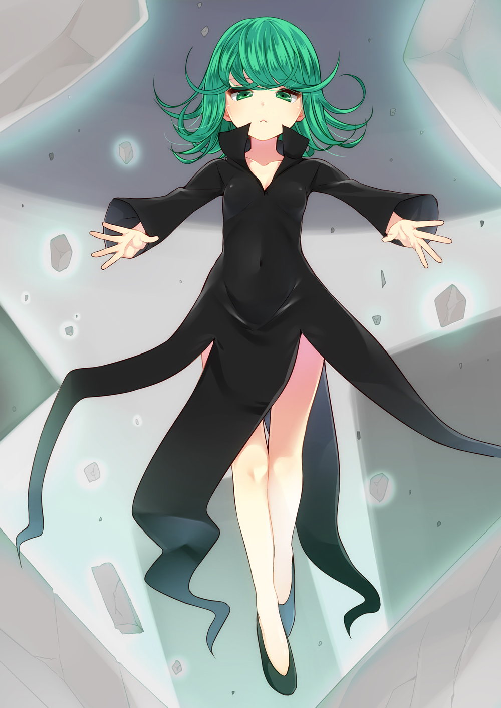 1girl :&lt; black_dress collarbone covered_navel dress green_eyes green_hair highres long_sleeves looking_at_viewer nigo_(aozoragarou) onepunch_man outstretched_arms solo tatsumaki wide_sleeves wind_lift