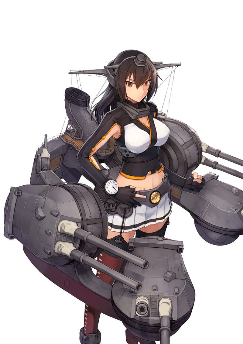 1girl alternate_hair_length alternate_hairstyle armpit_cutout black_hair breasts cannon clenched_hands hand_on_hip kantai_collection long_hair long_sleeves looking_at_viewer machinery midriff nagato_(kantai_collection) navel official_art pleated_skirt red_eyes red_legwear rigging shizuma_yoshinori simple_background skirt smile smokestack solo thigh-highs turret watch white_background younger
