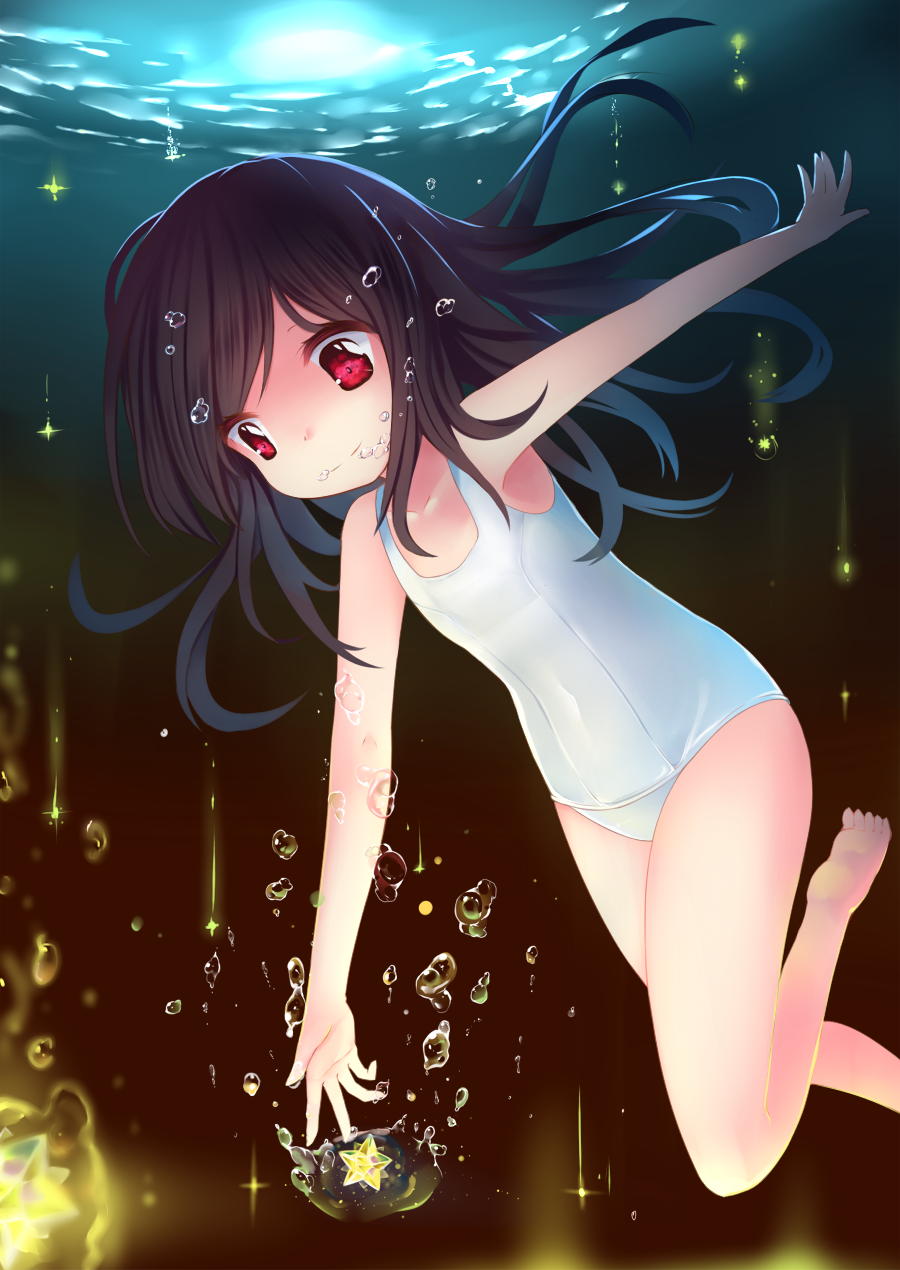 1girl air_bubble black_hair breath bubble dexp diving freediving glowing highres holding_breath long_hair original red_eyes school_swimsuit solo star swimming swimsuit underwater white_school_swimsuit white_swimsuit