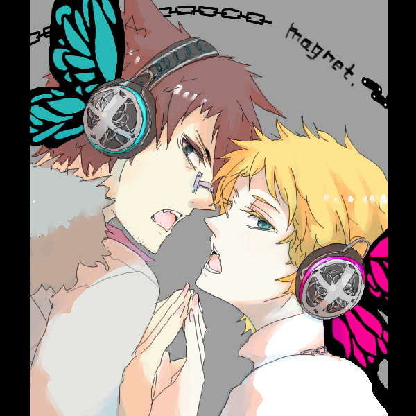 2boys androgynous artist_request blonde_hair blue_eyes brown_hair giriko headphones justin_law magnet_(vocaloid) multiple_boys open_mouth profile short_hair soul_eater yaoi