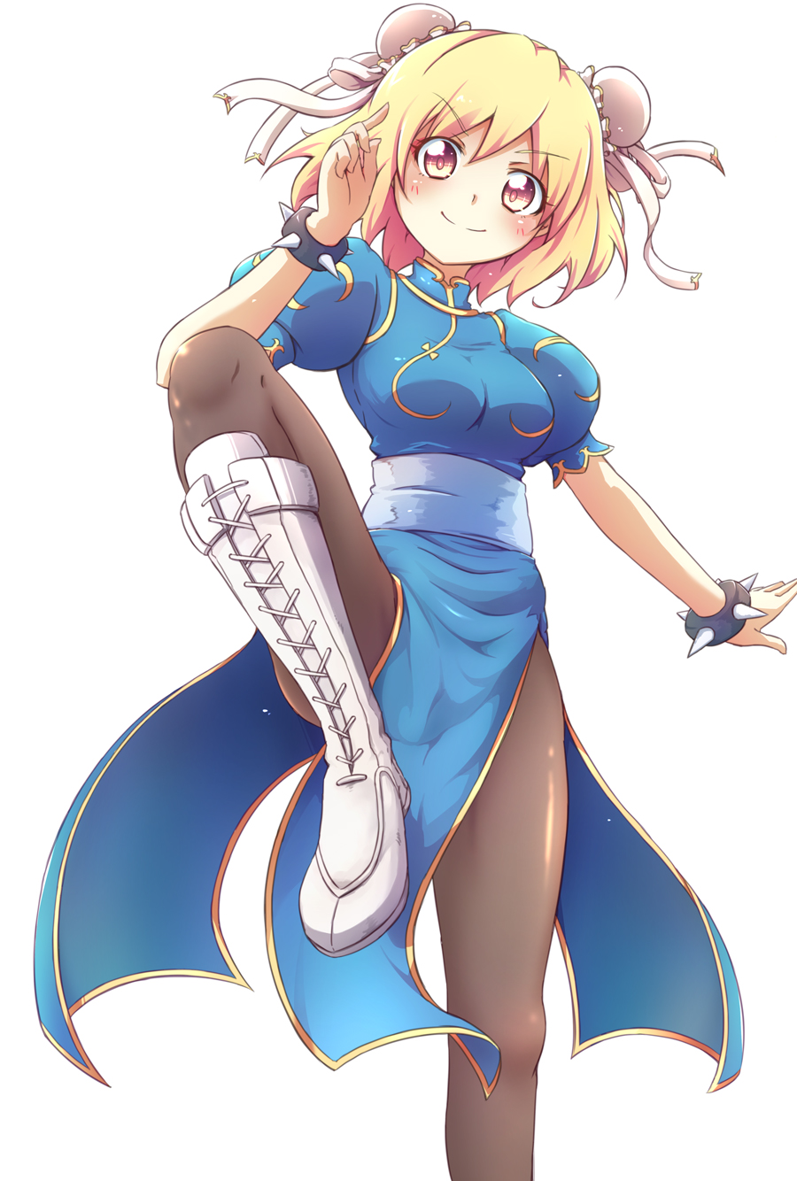 &gt;:) 1girl black_legwear blonde_hair blue_dress blush boots bracelet china_dress chinese_clothes chun-li chun-li_(cosplay) cosplay cross-laced_footwear djeeta_(granblue_fantasy) double_bun dress granblue_fantasy high_collar highres jewelry kirimochi lace-up_boots leg_up looking_at_viewer pantyhose pelvic_curtain pink_eyes puffy_short_sleeves puffy_sleeves short_hair short_sleeves side_slit smile solo spiked_bracelet spikes street_fighter white_boots