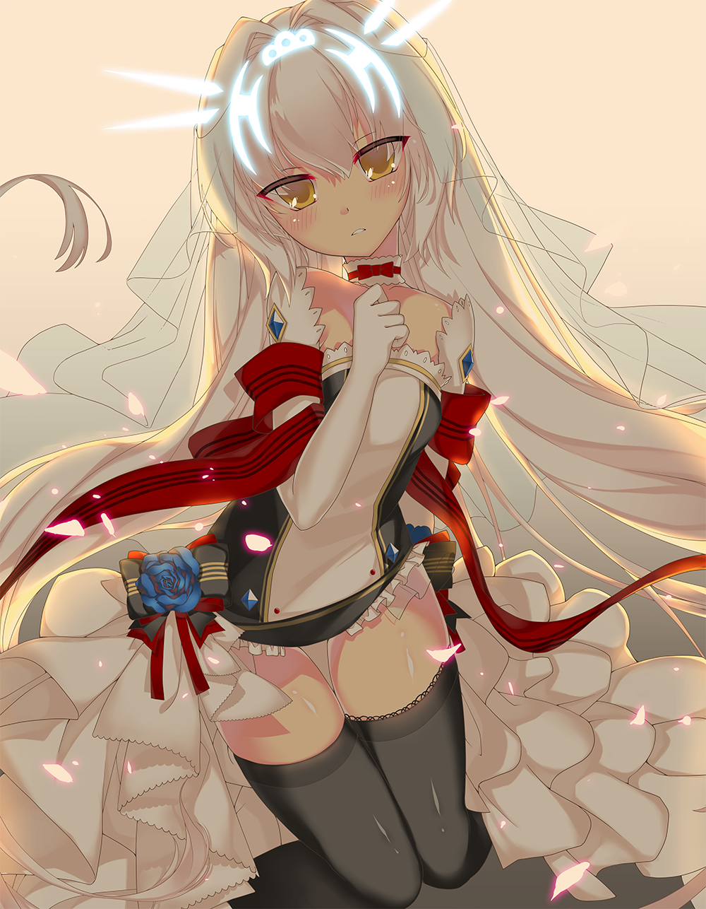 1girl bare_shoulders black_bow black_legwear blue_rose blush bow brown_eyes choker collarbone dress elsword eve_(elsword) flat_chest flower frilled_dress frills fujidouyuu gem gloves halo hand_on_own_chest head_tilt highres jewelry knees_together_feet_apart long_hair looking_at_viewer parted_lips red_bow red_ribbon ribbon rose sapphire_(stone) see-through simple_background solo striped thigh-highs thigh_gap veil very_long_hair white_dress white_gloves white_hair yellow_background zettai_ryouiki