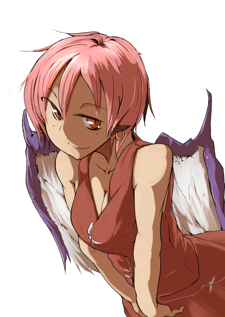 1girl adapted_costume animal_ears bare_arms bare_shoulders bent_over bird_wings breasts brown_dress brown_eyes cleavage collarbone daitoutei dress earrings highres jewelry looking_at_viewer mystia_lorelei pink_hair short_hair sleeveless sleeveless_dress smile solo touhou v_arms wings