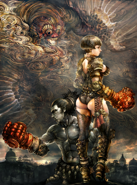 1boy 1girl abs anesaki_dynamic armor armored_boots ass black_hair boots city demon gloves muscle profile short_hair spaulders thigh-highs thigh_boots weapon whorled_clouds