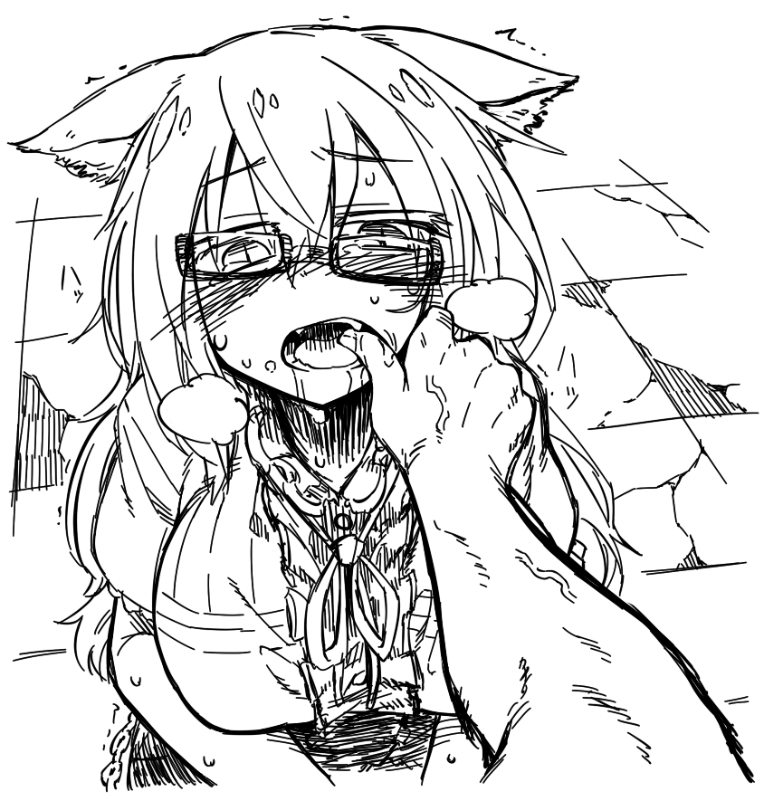 1girl animal_ears blush borrowed_character breasts breath cat_ears chankodining_waka crooked_glasses drooling fangs finger_in_mouth glasses large_breasts long_hair monochrome open_mouth original pine-chan_ver._2 pov saliva sketch slit_pupils solo_focus