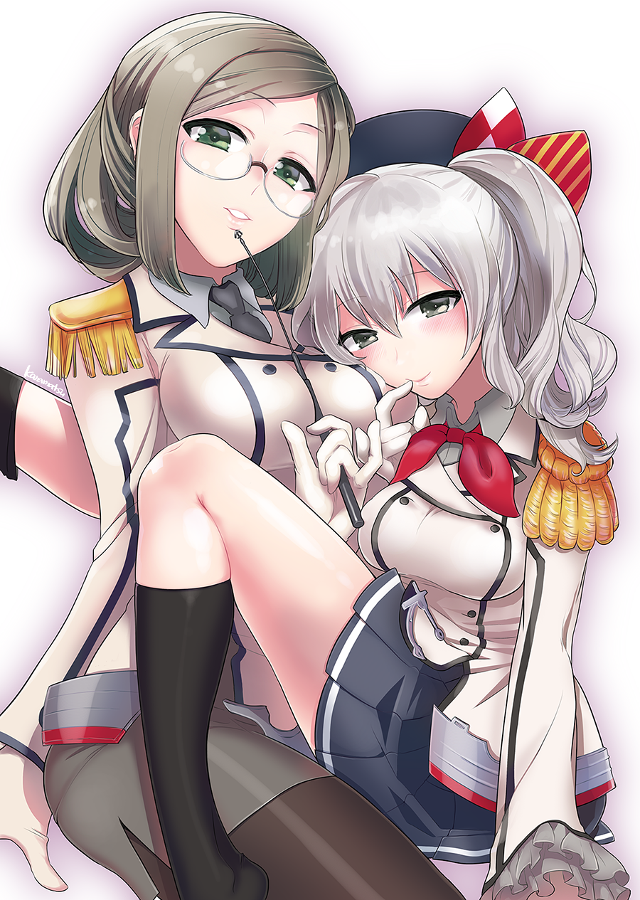 2girls artist_name beret black_legwear black_necktie blue_skirt blush bow breasts brown_hair buttons collar epaulettes finger_to_mouth frilled_sleeves frills glasses gloves green_eyes hat hat_bow head_on_chest highres holding kantai_collection kashima_(kantai_collection) katori_(kantai_collection) kneehighs large_breasts long_sleeves looking_at_viewer military military_uniform miniskirt multiple_girls outstretched_leg pantyhose parted_lips pleated_skirt red_ribbon ribbon semi-rimless_glasses short_hair sidelocks silver_hair simple_background sitting skirt smile t_karamatsu two_side_up under-rim_glasses uniform white-framed_glasses white_background white_gloves