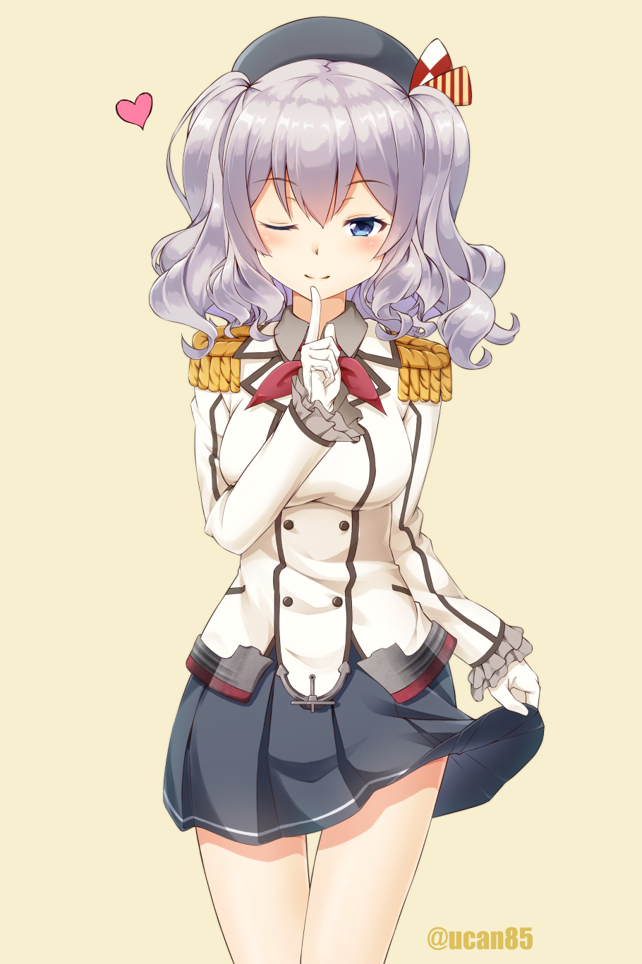 1girl ;) beret blush breasts buttons cowboy_shot epaulettes finger_to_mouth gloves grey_eyes grey_hair grey_skirt hat highres jacket kantai_collection kashima_(kantai_collection) large_breasts looking_at_viewer military military_uniform miniskirt one_eye_closed pleated_skirt sidelocks simple_background skirt skirt_lift smile solo twintails twitter_username uniform wavy_hair white_gloves yuukyan_(ucan85)
