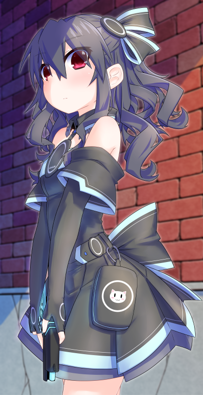 1girl bare_shoulders black_gloves black_hair blush choujigen_game_neptune choujigen_game_neptune_mk2 elbow_gloves fingerless_gloves gloves gun hair_ribbon handgun long_hair looking_at_viewer mizunashi_(second_run) neptune_(series) racking_slide red_eyes ribbon solo trigger_discipline uni_(choujigen_game_neptune) weapon