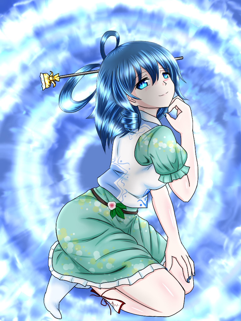 1girl arched_back belt blue_eyes blue_hair blue_nails dress fingernails full_body hair_ornament hair_rings hair_stick hand_on_own_chin hand_on_own_thigh kaku_seiga kneeling looking_at_viewer nail_polish no_shoes ofuda puffy_short_sleeves puffy_sleeves shawl short_hair short_sleeves smile socks solo spiral_background touhou two-tone_background white_legwear yagi10