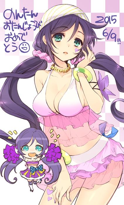 1girl bikini bikini_skirt bracelet breasts cheerleader chibi chibi_inset cleavage dated facial_mark fingernails green_eyes halter_top halterneck happy_birthday headset heart itou_noiji jewelry jpeg_artifacts long_hair love_live!_school_idol_project midriff natsuiro_egao_de_1_2_jump! navel necklace parted_lips pom_poms purple_hair scrunchie see-through solo swimsuit thigh-highs toujou_nozomi twintails very_long_hair wristband
