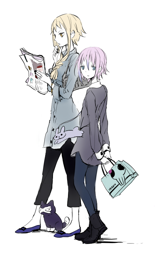 1girl androgynous artist_request blonde_hair casual cat crona_(soul_eater) full_body looking_at_viewer medusa_gorgon mother_and_child nail_polish pink_hair ragnarok_(demon_sword) short_hair soul_eater