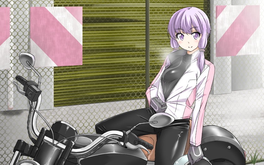 1girl biker_clothes bikesuit black_gloves blush bodysuit breasts fence garage gloves headwear_removed helmet helmet_removed holding_helmet long_sleeves low_twintails motor_vehicle motorcycle outdoors purple_hair shimotsuki_iko short_hair sitting skin_tight small_breasts smile solo twintails unzipping vehicle violet_eyes vocaloid voiceroid yuzuki_yukari