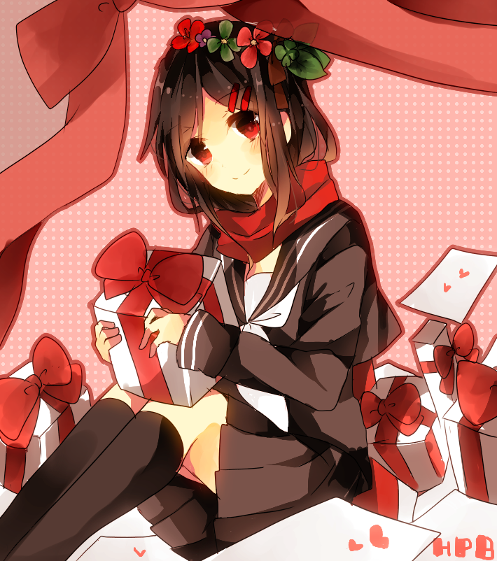 blush brown_eyes brown_hair christmas kagerou_project long_hair scarf seifuku smile tateyama_ayano