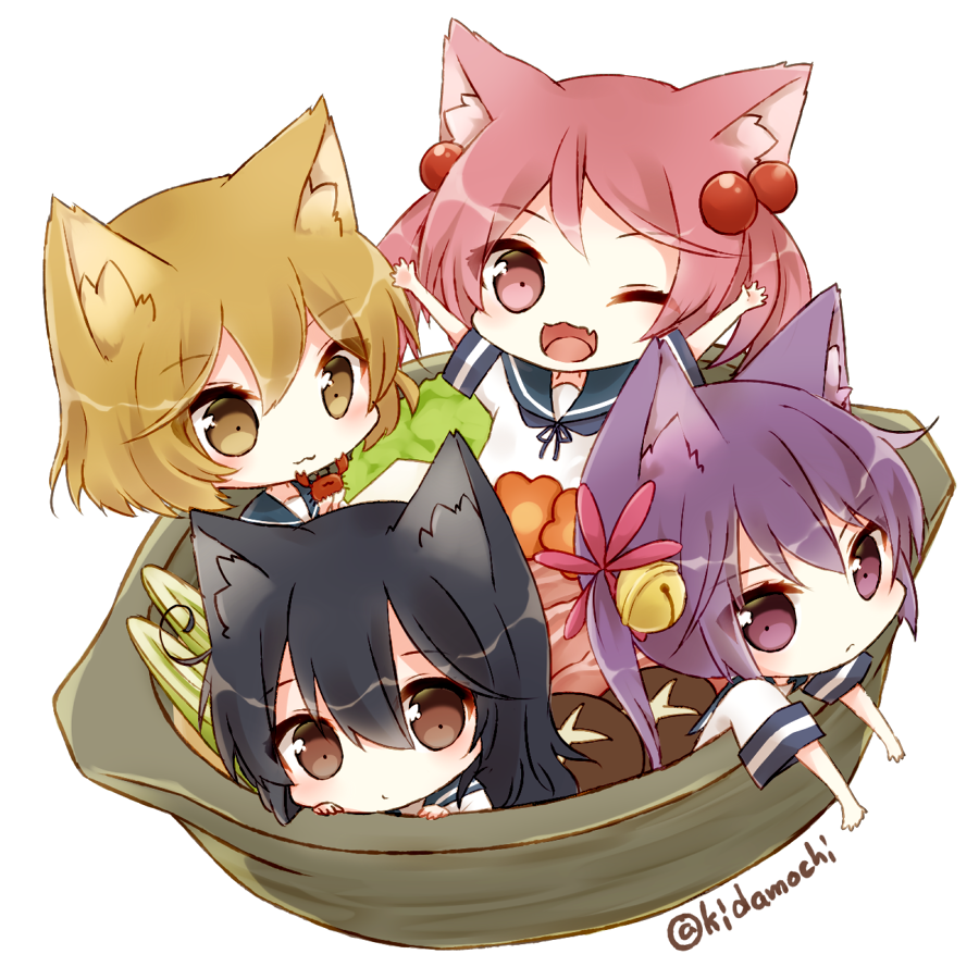 3girls :3 ;d \o/ ahoge akebono_(kantai_collection) animal_ears arms_up bell black_hair brown_eyes cat_ears chibi crab fang food frown hair_bell hair_bobbles hair_ornament in_container kantai_collection kidamochi light_brown_hair long_hair looking_at_viewer multiple_girls neko_nabe oboro_(kantai_collection) one_eye_closed open_mouth outstretched_arms pink_eyes pink_hair pot purple_hair sazanami_(kantai_collection) school_uniform short_hair side_ponytail smile twintails twitter_username ushio_(kantai_collection) violet_eyes