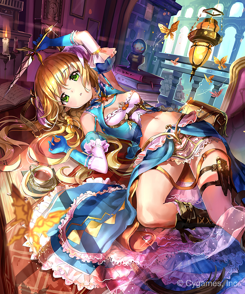 1girl 77gl :o blonde_hair blue_gloves blush book book_stack boots butterfly candle cleavage_cutout clock cup dagger fantasy gloves green_eyes head_wings long_hair looking_at_viewer lying navel original sheath small_breasts solo tea teacup thigh_strap weapon