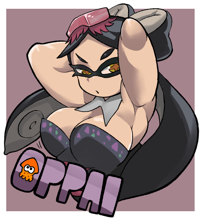 1girl aori_(splatoon) armpits arms_up black_hair breasts cleavage commentary_request eyebrows large_breasts long_hair looking_at_viewer oasis_(magnitude711) solo splatoon tentacle_hair twintails