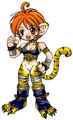 1girl animal_ears artist_request blush breasts breath_of_fire breath_of_fire_ii bustier cat_ears cat_tail chibi claws cleavage facial_mark full_body furry gloves green_eyes lowres no_panties no_pants open_mouth orange_hair rinpoo_chuan solo source_request tail