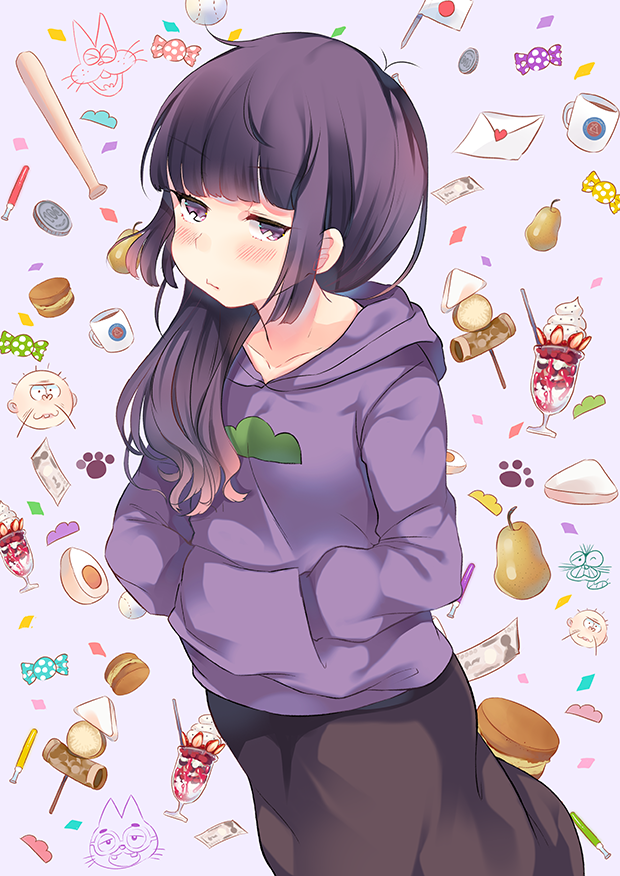 1girl baseball_bat candy egg food fruit genderswap hoodie ichimatsu japanese_flag letter long_hair love_letter money oden osomatsu-kun osomatsu-san parfait purple_hair senmen_kinuko violet_eyes