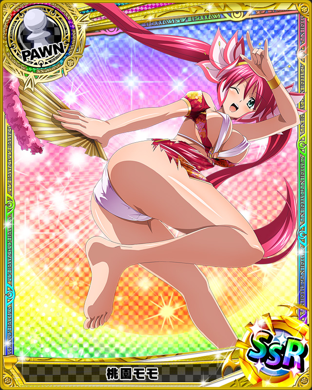 1girl \m/ aqua_eyes artist_request ass breasts card_(medium) character_name chess_piece chinese_clothes fan high_school_dxd large_breasts long_hair momozono_momo_(high_school_dxd) official_art one_eye_closed panties pawn pink_hair pink_panties swimsuit torn_clothes trading_card twintails underwear very_long_hair wristband