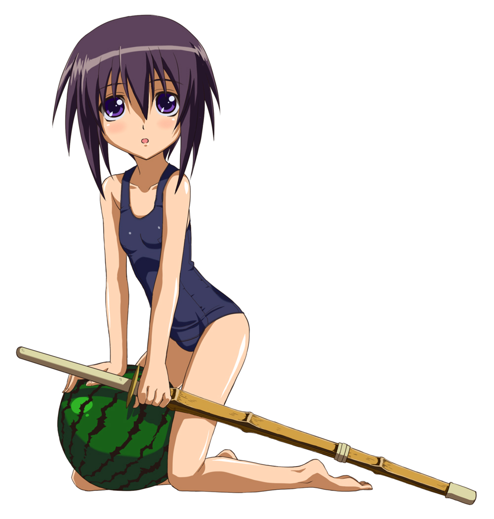 1girl arm_support bamboo_blade bare_shoulders collarbone food fruit full_body kawazoe_tamaki kneeling looking_at_viewer open_mouth purple_hair school_swimsuit shinai short_hair simple_background small_breasts solo swimsuit sword violet_eyes watermelon weapon white_background winbee_(selkie)