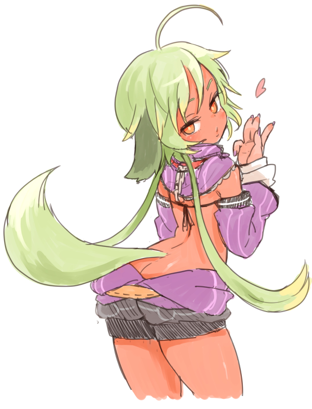 1girl ahoge animal_ears arched_back brown_eyes cropped_legs dark_skin detached_sleeves fingernails from_behind green_hair heart long_fingernails long_hair looking_back low_twintails nail_polish nezumi_inu original puckered_lips shorts sketch solo tail titi-chan_(nezumi_inu) twintails