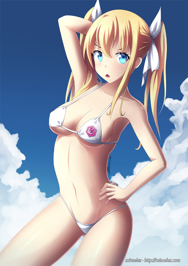 1girl arm_behind_head arm_up armpits bikini blonde_hair blue_eyes blue_sky blush breasts cleavage collarbone emblem gakusen_toshi_asterisk hair_ribbon hand_on_hip long_hair looking_at_viewer midriff mimelex navel outdoors ribbon signature sky solo standing stomach swimsuit twintails under_boob very_long_hair violet_weinberg watermark web_address white_bikini white_ribbon white_swimsuit