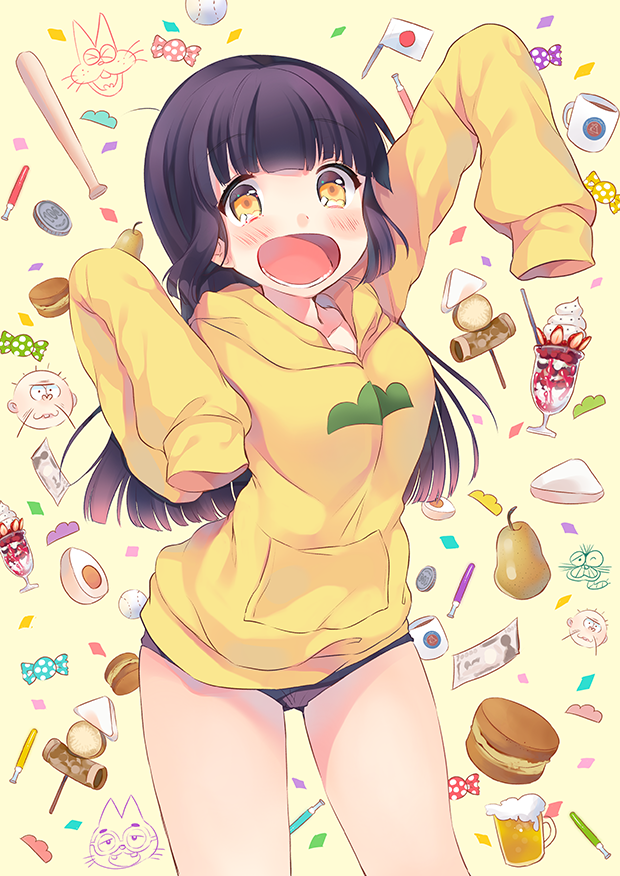 1girl baseball_bat black_panties candy egg food fruit genderswap hoodie japanese_flag jyushimatsu long_hair money oden osomatsu-kun osomatsu-san panties parfait purple_hair senmen_kinuko sleeves_past_wrists underwear yellow_eyes