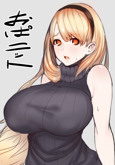 1girl amamiya_(abaros) bare_shoulders blonde_pubic_hair breasts huge_breasts long_hair looking_at_viewer pink_background red_eyes ribbed_sweater sleeveless solo sweat sweater translated turtleneck