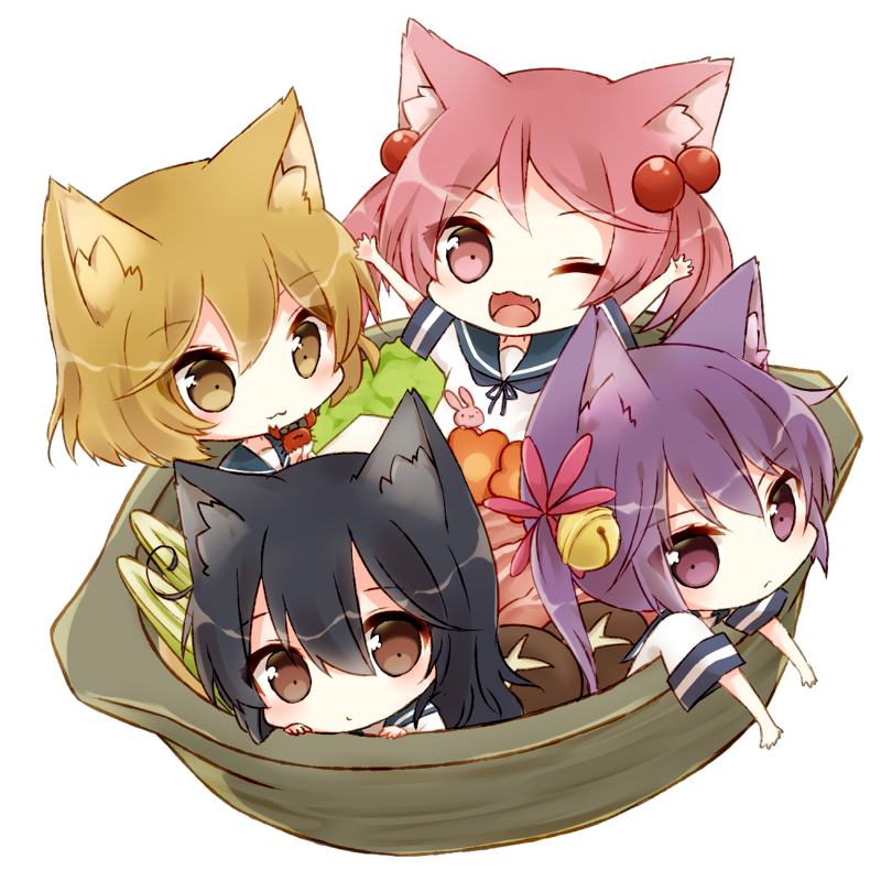 4girls :3 ;d \o/ ahoge akebono_(kantai_collection) animal_ears arms_up bell black_hair brown_eyes cat_ears chibi commentary_request crab fang food frown hair_bell hair_bobbles hair_ornament in_container kantai_collection kemonomimi_mode kidamochi light_brown_hair long_hair looking_at_viewer multiple_girls neko_nabe oboro_(kantai_collection) one_eye_closed open_mouth outstretched_arms pink_eyes pink_hair pot purple_hair sazanami_(kantai_collection) school_uniform short_hair side_ponytail smile twintails ushio_(kantai_collection) violet_eyes